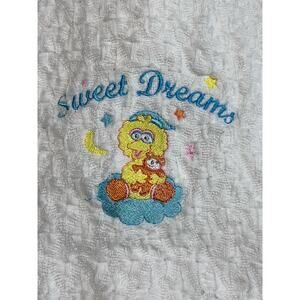 Vtg Sesame Street Acrylic White Baby Blanket Big Bird Embroidered Sweet Dreams